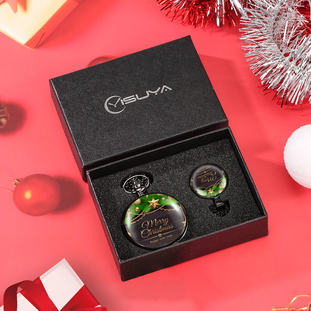 Christmas Tree Pocket Watch Gifts Set Cute Clock Presents with Box Gift Happy New Year Xmas for Men Women Kids Children Family