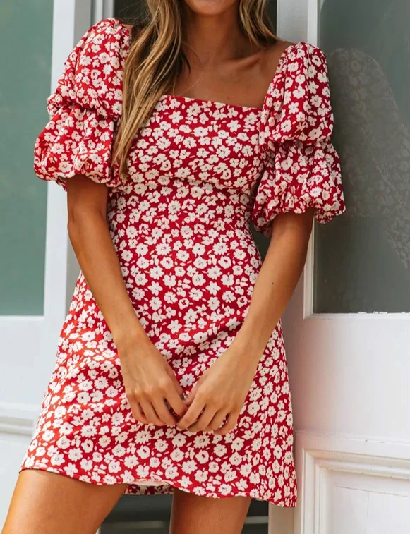 Сексуальное женское мини платье с цветочным принтом квадратным воротником и