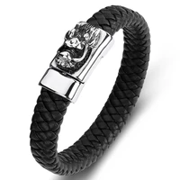 trendy braided leather handmade bracelet men punk rock jewelry stainless steel dragon head vintage bangles male wristband p092