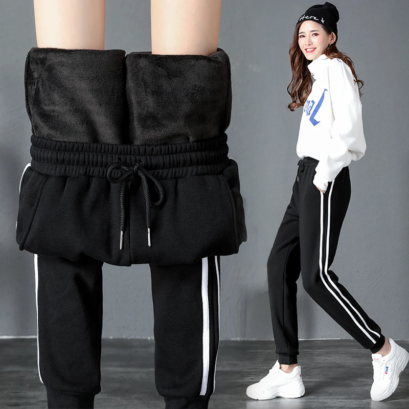 

Женские штаны с высокой талией, зимние теплые штаны в полоску, утепленные спортивные штаны, модные флисовые леггинсы, повседневные спортивн...