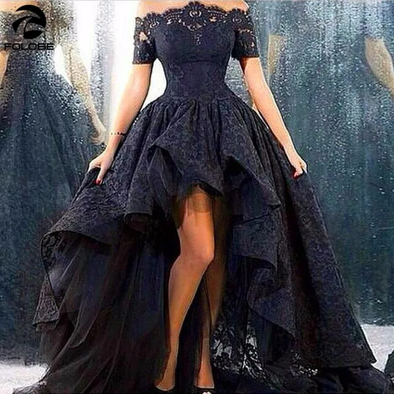 

Boat Neck High Low Long Black Lace Prom Dresses 2020 Zipper Back Short Sleeve Sweep Train Train Evening Dress Robe De Soiree