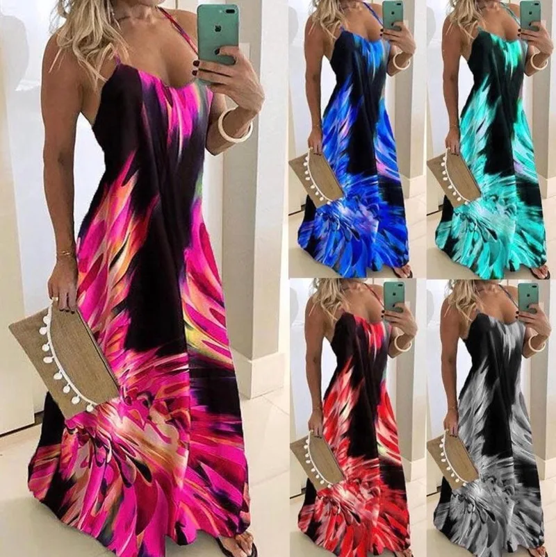 

2020 Summer Strap Dress Slim Slimming Base Skirt Slim Slimming Heat Transfer Floral Patterns Dungaree Dress Women
