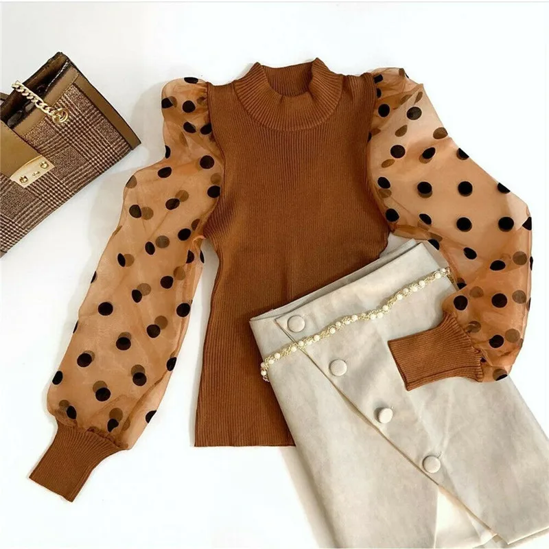 

Elegant Ladies Slim Tops Blusa Femme Knitted Blouses Women Turtleneck Polka Dot Puff Long Sleeve Mesh Sheer See-through Shirt