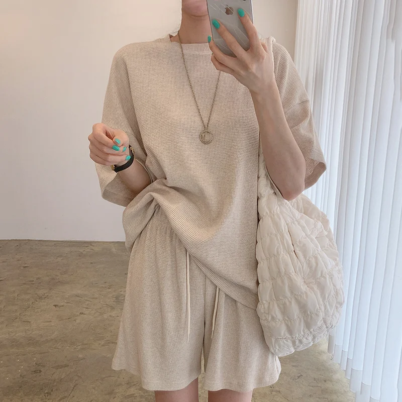 

Korean Chic Summer Dress Simple Round Dresses Neck Pullover Thin Knitwear High Waist Loose Wide Leg Casual Shorts Suit
