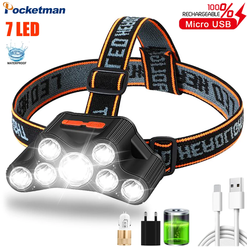 

Super Bright 7 Led Headlight USB Rechargeable Headlamp Strong Lights Fishing Torch Long-range Lighting Head-mounted Flashlights