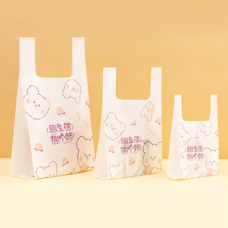 

0.08mm Cute Cartoon Pattern Plastic Handle Dessert Hand Bag Snack Takeaway Package Small Drink Shopping Pouch Food Takeout Bags
