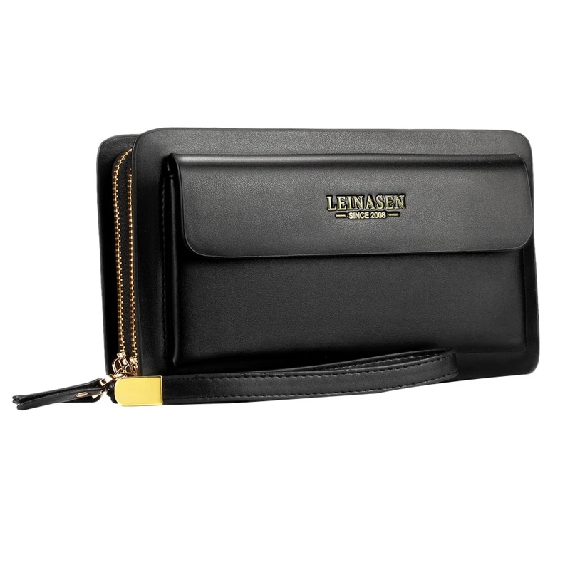 

NEW-2x LEINASEN Brand Men's Wallet Coin Bag Double Zipper Wallet Long Large Women's Wallet Coin Clutch Bag Black & Brown