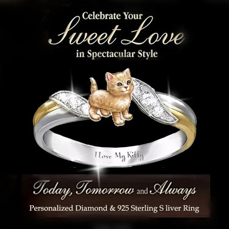 

Cute Rhinestone Cat Ring Dainty Engraved Lettering I Love My Kitty Kitten Index Finger Ring for Women Fashion Cat Lovers Jewelry