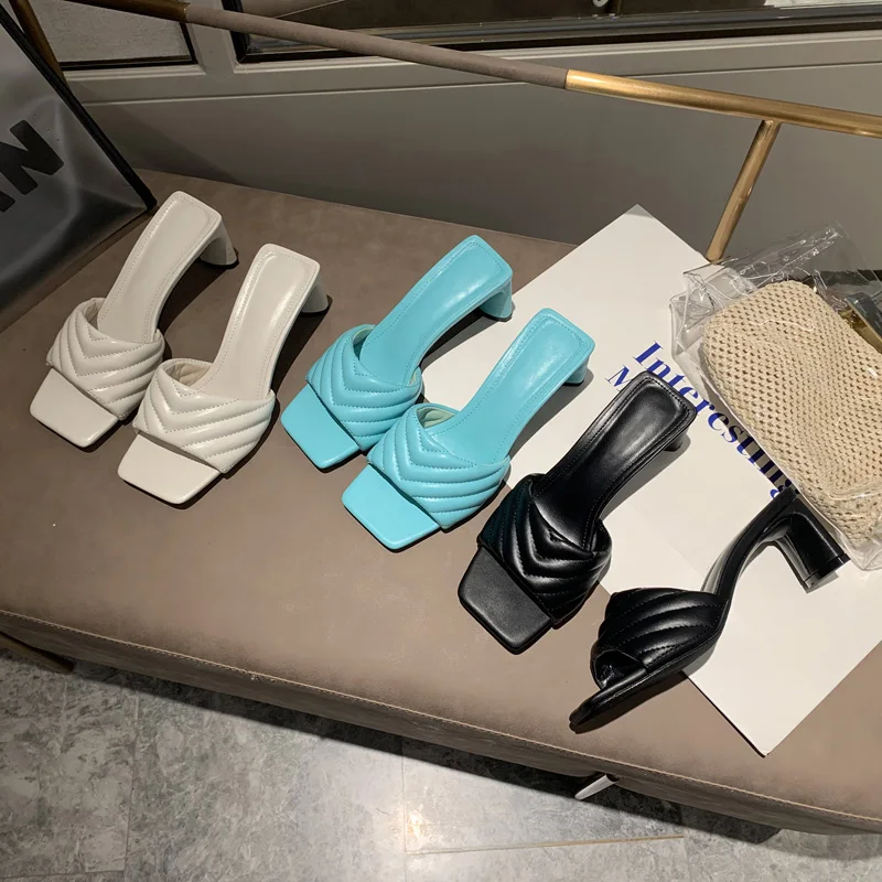 

Summer Women Slipper Square Toe Sandal Fashion PU Leather High Heel Slides Outdoor Slippers Slip On Ladies Shoes Women Sandals