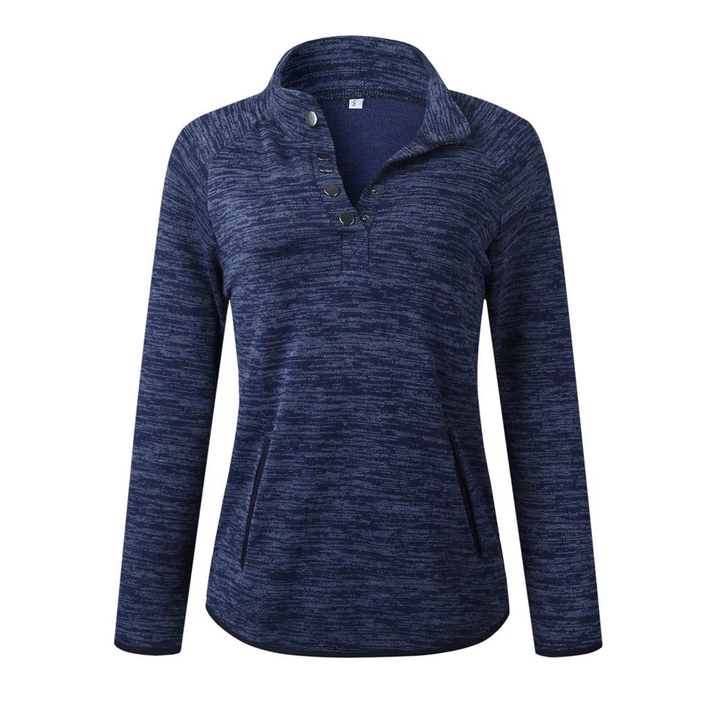 

Autumn Winter Pullover Sweatshirt Women Solid Button Pockets Long Sleeve Sweatshirt Casual Female Pullover Tops Blouse