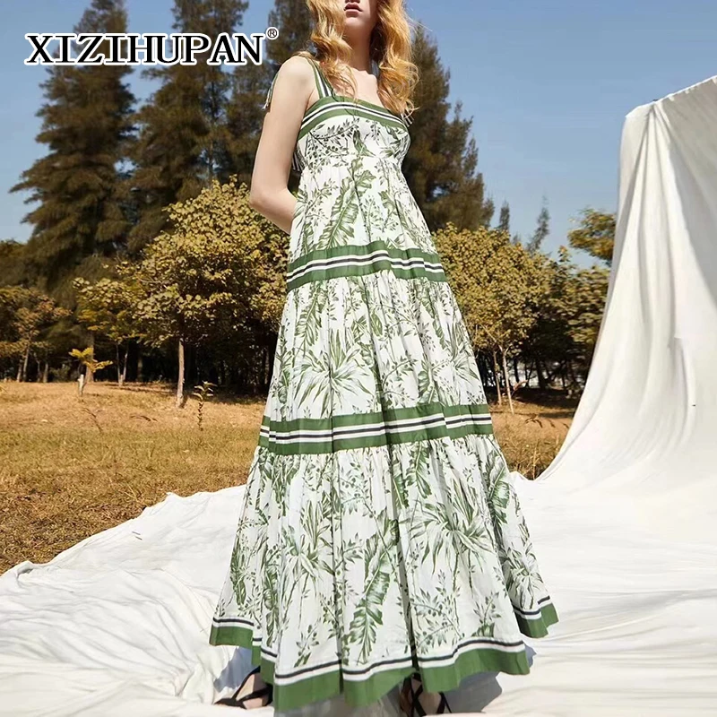 

XIZIHUPAN Print Dress For Women Patchwork Bowknot Strap Square Collar Sleeveless Striped Dresses Female 2021 New Summer Fashion