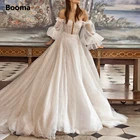 Свадебное платье принцессы Booma, сверкающее Тюлевое платье с пышными рукавами и открытыми плечами, платье невесты с длинным шлейфом, свадебные платья без спинки