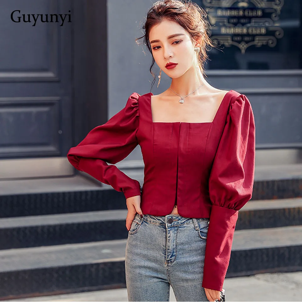 

High Street Blouse 2020 Spring Simple Burgundy Fashion Bubble Long Sleeve Small Sexy Square Collar Elegant Party Short Shirt