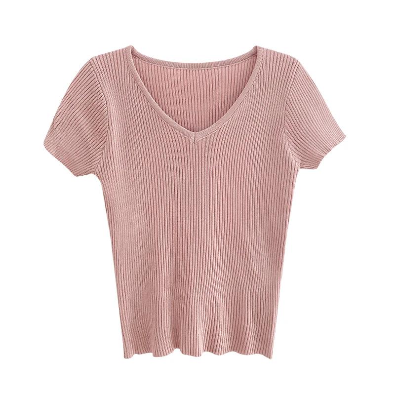 

Crescent City Knitted V-neck Short-Sleeved T-shirt Women's Summer Korean Chic Skinny Slimming Pure Color All-Matching Bottoming