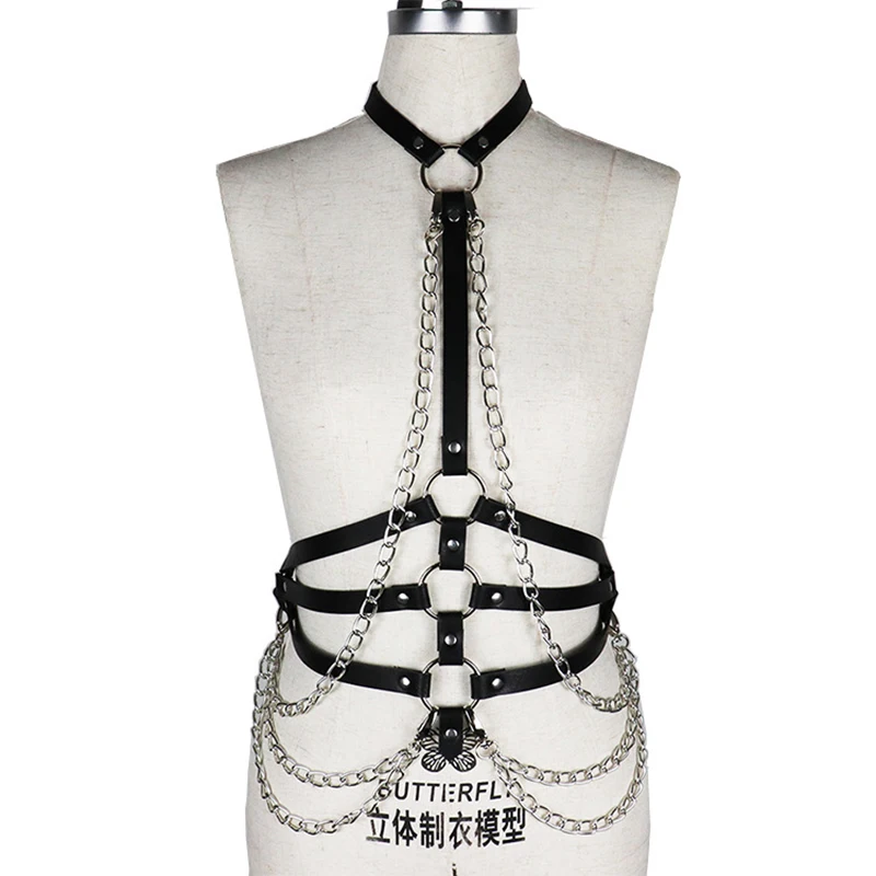 

Gothic PU Leather Bra Top Personality Sexy Chest Belt Body Drawstring Chain Witch Goth Punk Metal Holiday Jewelry Accessories