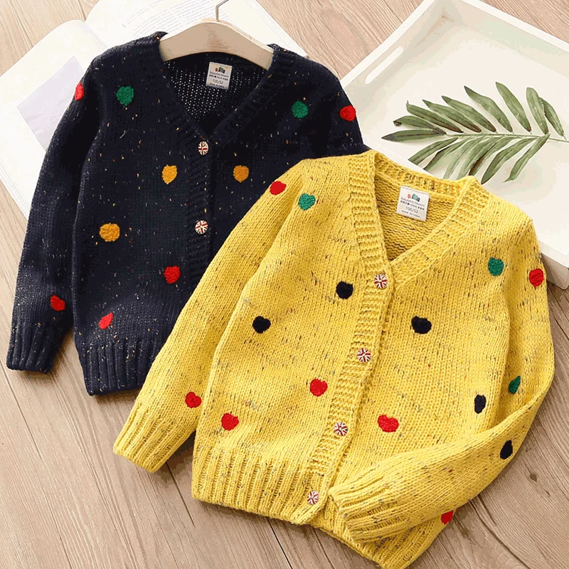 2022 Autumn New 2 3 4 6 8 10 Years Child Long Sleeve Tops V-Neck Knitted Jacquard Jacket For Little Girl Cardigan Sweaters Kids