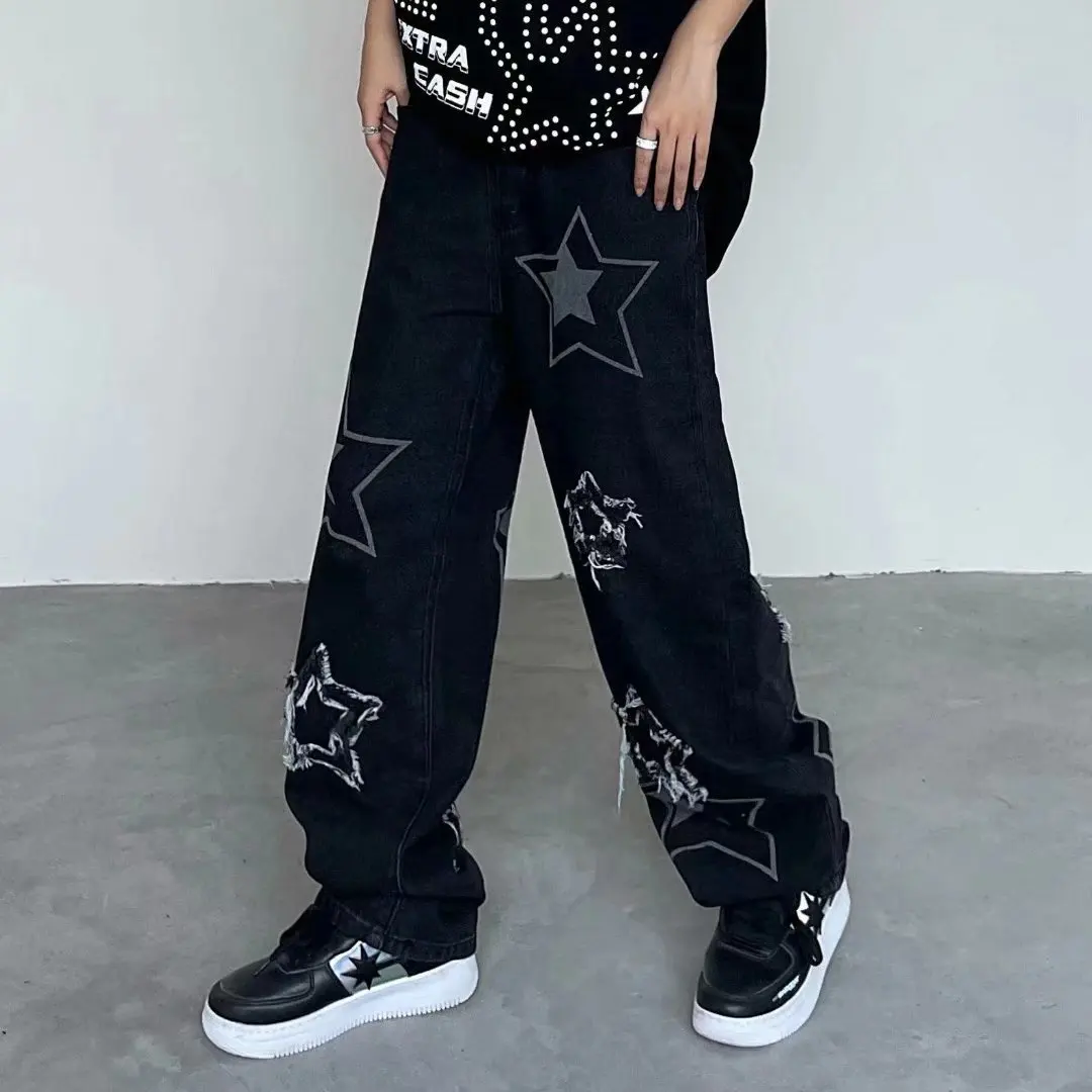 V-hanver Fashion Stars Print Retro Denim Pants Mens High Street Loose Straight-leg Pants Streetwear Casual Jeans Trousers Men
