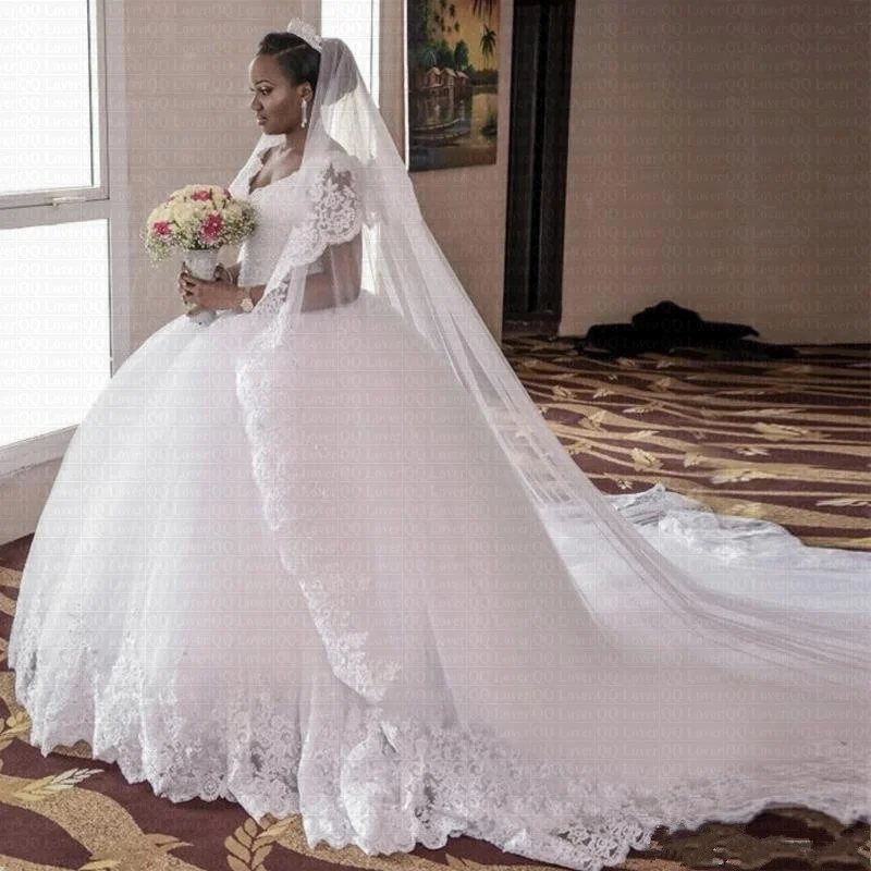 Grace White Ball Gown Wedding Dresses 2021 cap sleeve beading Gorgeous Lace V-Neck royal Train Plus Size Bridal Gowns Robe