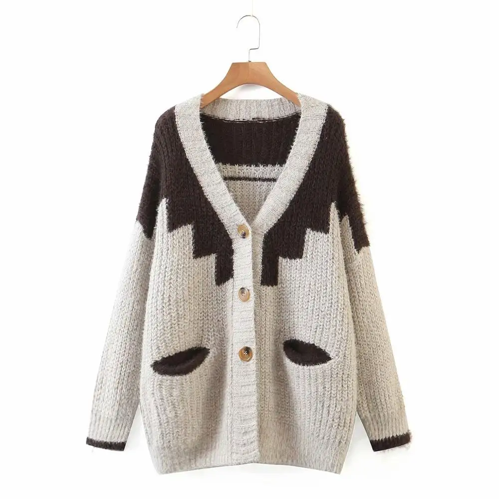 Женский жаккардовый свитер с карманами v-образным вырезом и длинным рукавом