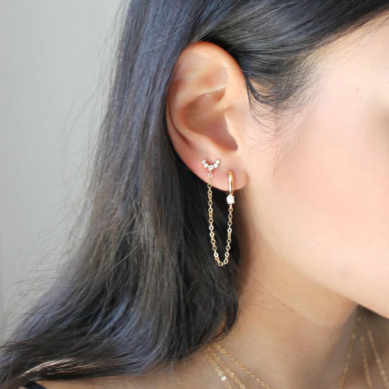 

1PC Long Link Chain Zircon Crystals Moon Round Stud Earrings for Women Girls 2021 Trendy Piercings Earrings Jewelry Silver 925