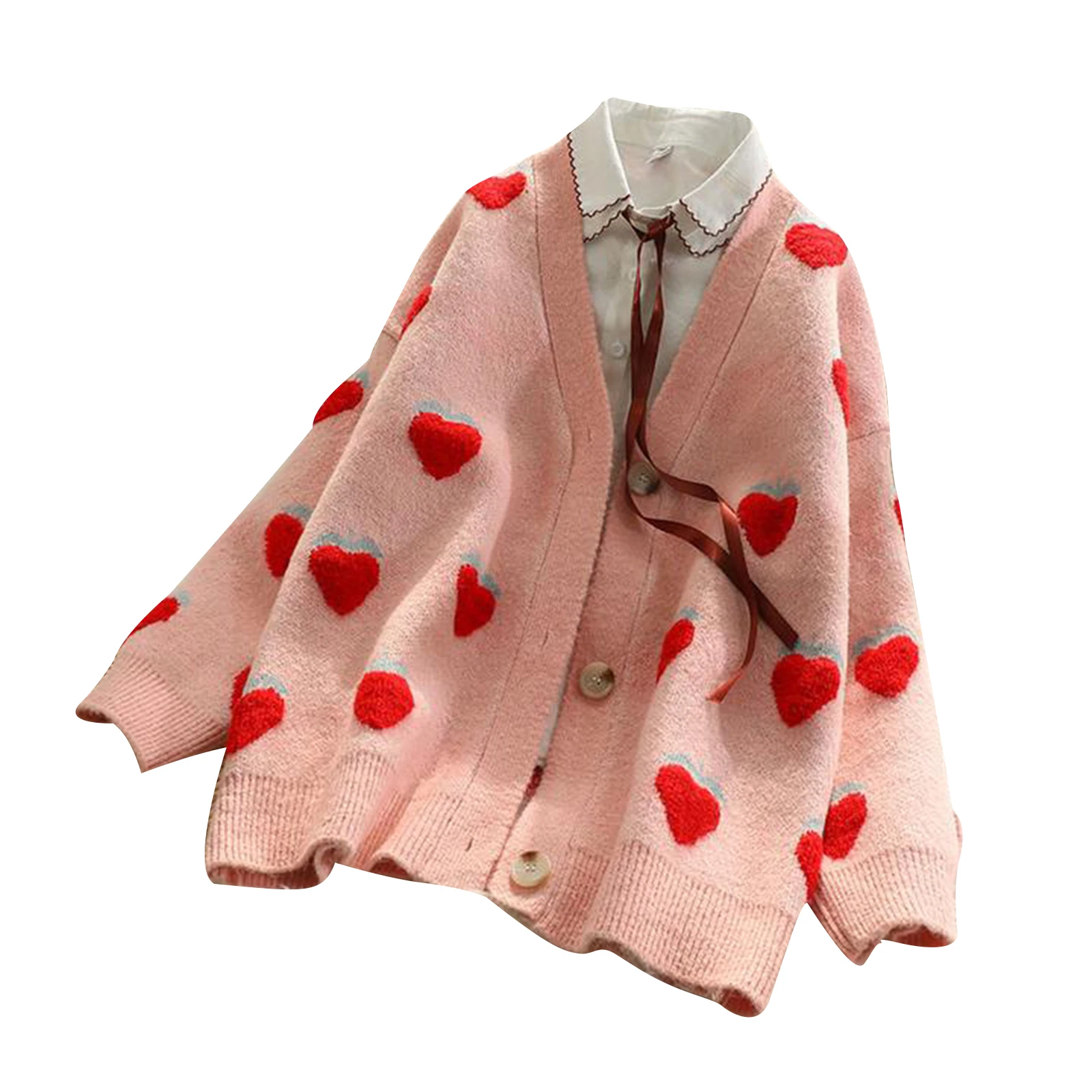 

Women Sweaters Loose Knit Cardigan Winter Warm Outfits Adults Button-down Heart Pattern Long Sleeve V-neck Sweater