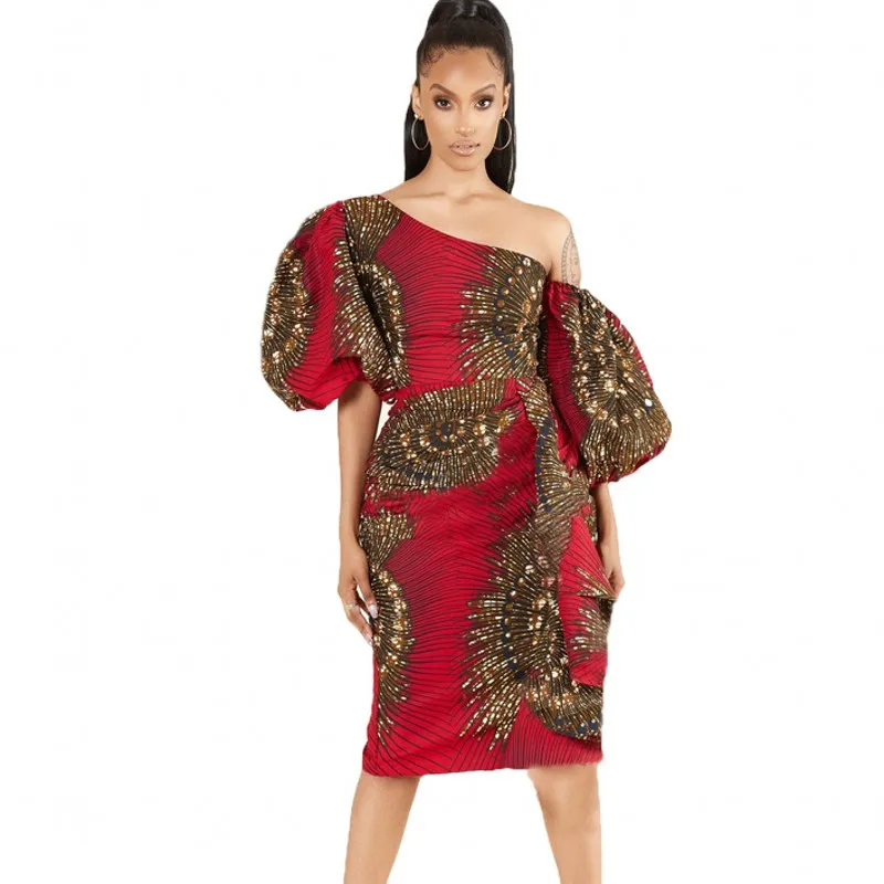 

Fashion Dashiki Print Red Dress Women Sexy Off Shoulder Slash Neck Slim Dress 2021 New Arrival Street Style Party Vestidos Dress