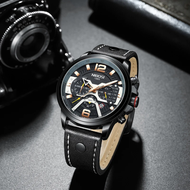 

NIBOSI Chronograph Men Watch Sprots Watch Men Leather Strap Waterproof Top Brand Luxury Brand 2019 Male Clock Relogio Masculino