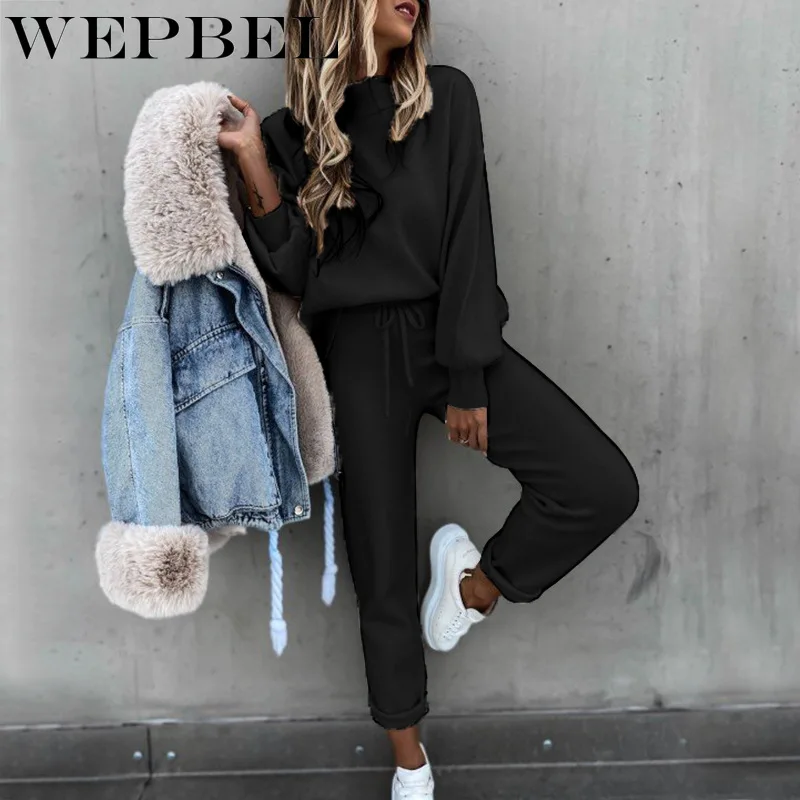 

WEPBEL Spring Autumn Fashion Solid Color Home Suit Women's Casual Long Sleeve O-Neck Sweatshirt + Lace-up Trousers Suit