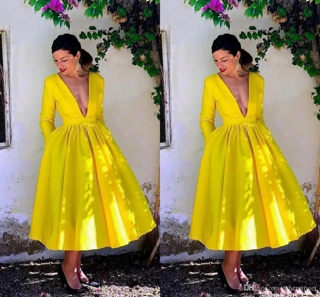 Generous Yellow Deep V-neck Short A-line Prom Dresses Long Sleeves Pleats Tea Length Formal Dress Evening Party Gowns فساتين الس
