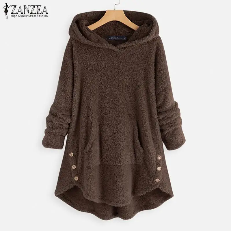 

ZANZEA Women Autumn Fleece Hoodied Sweatshirt Hooded Long Sleeve Plush Fluffy Pullover Casual Solid Autumn Sweatshirts Coat Tops