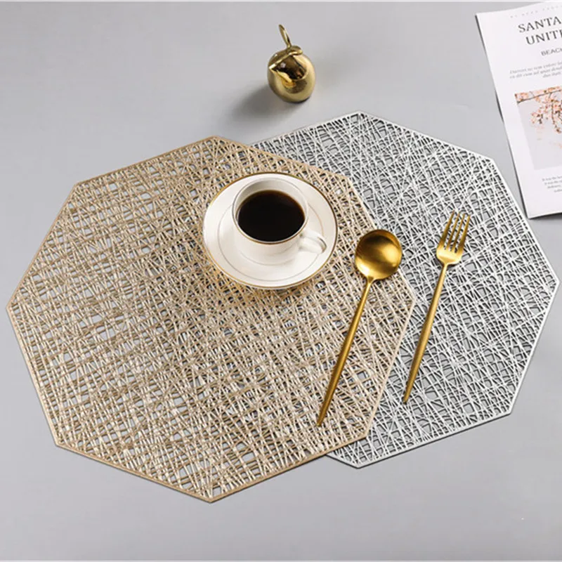 

4/6pcs PVC Placemats Cutout Octagonal Hollow Non Slip Dining Table Mats Coaster Hangable mat Home table Decoration Gold Placemat