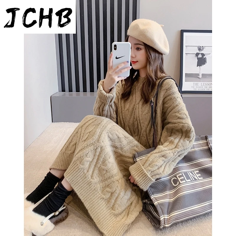 

JCHB New Autumn And Winter Fashion Casual Long Solid Color Loose Long Sweater Thickened Twist Dress Women SG432