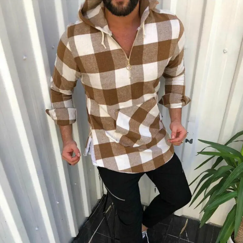Camisa высокое качество мужские рубашки осень 2019 клетчатая рубашка с капюшоном