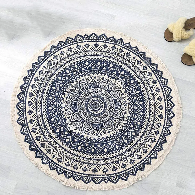 

Bohemian Style Round Cotton Rugs Washable Non-Slip Floor Mats for Living Room Bathroom Bedroom 90cm