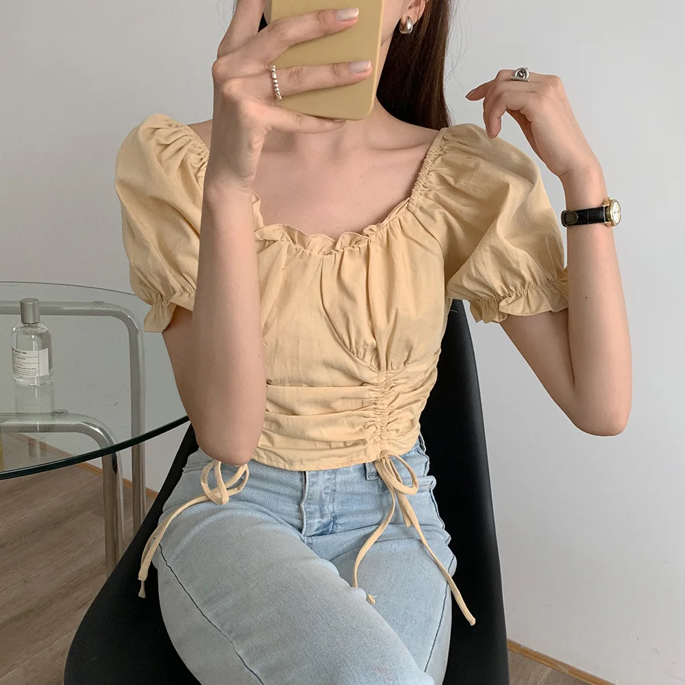 

Chic French Drawstring High Waist Blouses 2021 Summer Square Collar Sexy Ruffles Girls Elegant Women Prom Shirts Tops