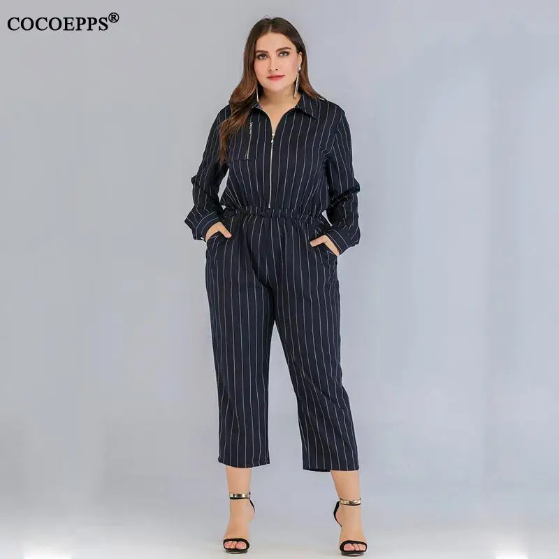 L 4XL весенний женский комбинезон размера плюс Женский Осенний полосатый большого