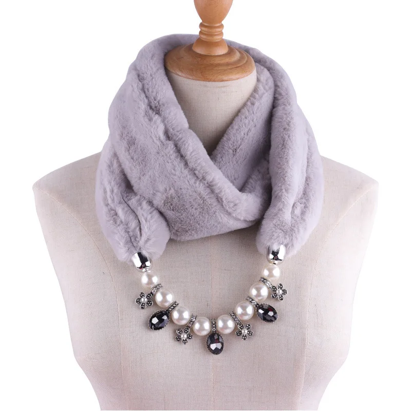 

plain faux plush neck round scarfs warm fashion ring winter collar scarf soft pearl pendants scarf accessories mujer neckwear