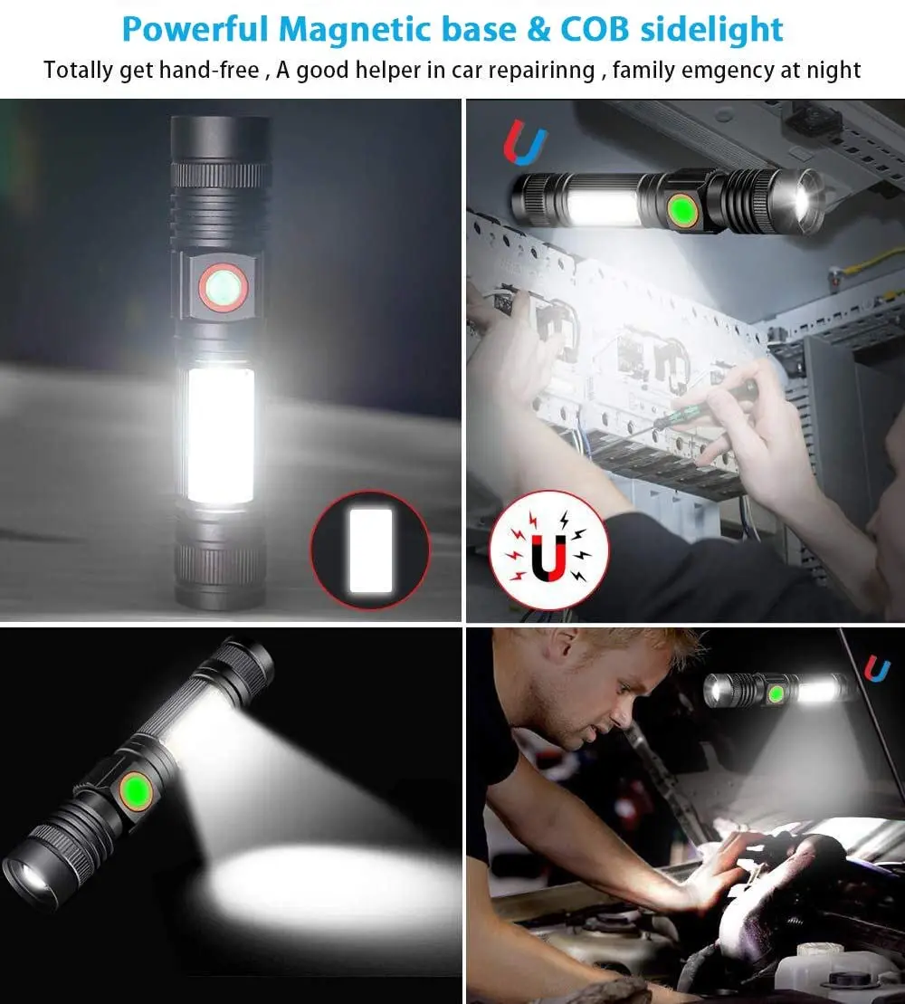 

Super Bright 8000LM LED Flashlight USB Rechargeable Torch with Magnetic Tail Zoomable Torch with Cob Sidelight for Camping