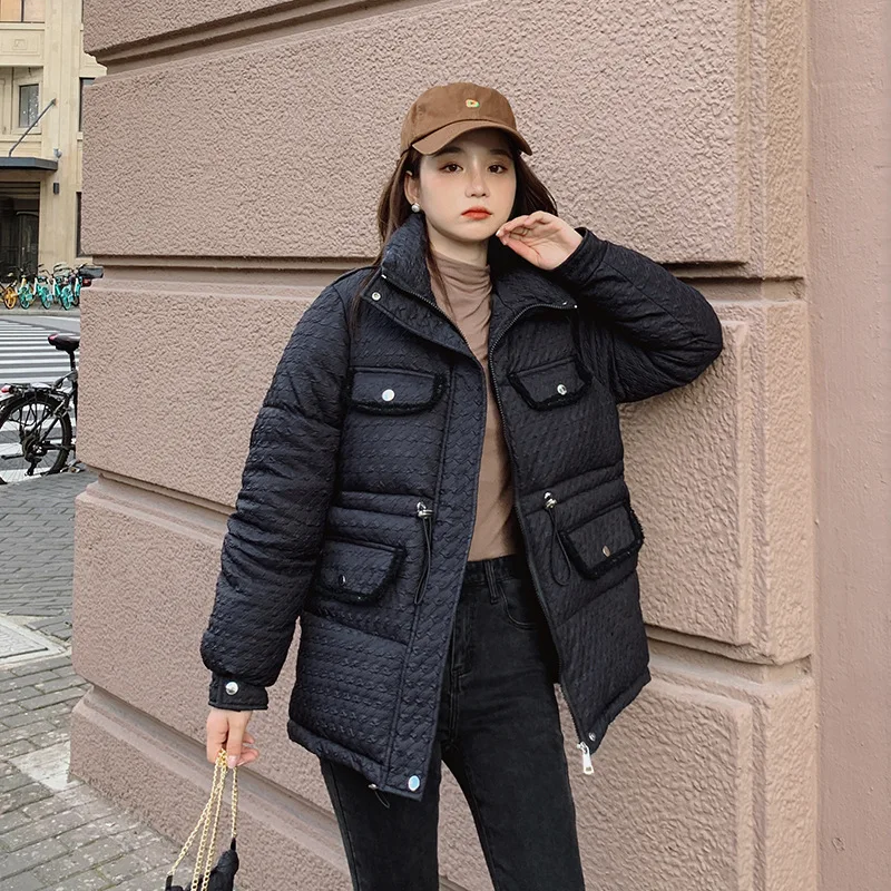 2021 Winter New Women Solid Color Parkas Stand-up Collar Bear Loose Woman Jacket  Fashion Pocket Zipper Slim Winter Coat