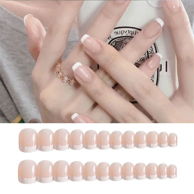 

24Pcs Pink Nude White French Fake Nails Squoval Square UV Gel False Press on Nails for Girl Full Cover Wear Finger Nail Art Tips