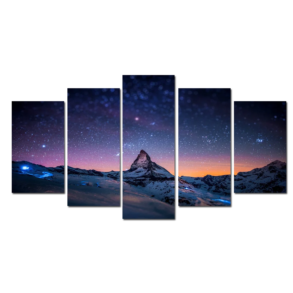 

5 Pieces Snow Mountain Wall Art Poster Beautiful Starry Sky Print Canvas Art Modern Style Picture Living Room Home Decor
