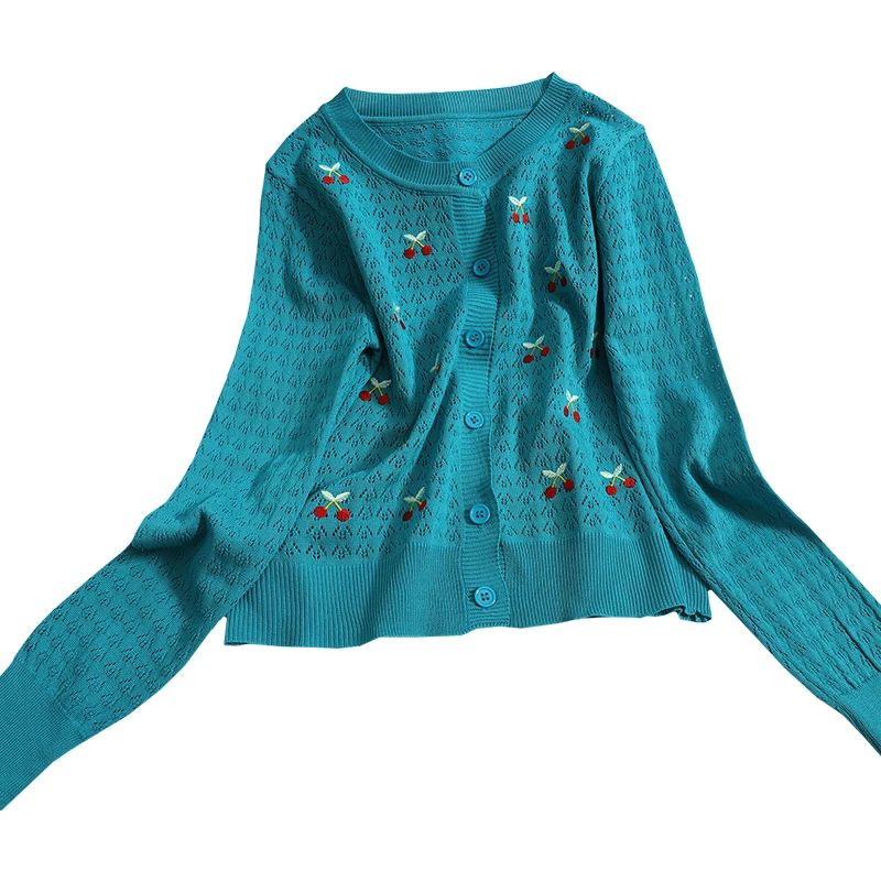 

Fitaylor 2021 Autumn Cherry Embroidery Knitted Cardigan Hollow Out Single-breasted Sweaters Top Long Sleeve Single Breasted