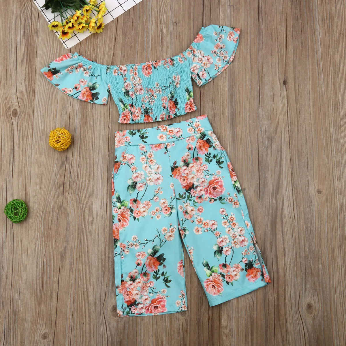 

Toddler Kid Baby Girl Floral Summer Clothes Set 2pcs Off Shoulder Crop Tops Long Split Pants Adorable Outfit Set 2-6Years