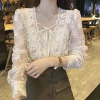 autumn lace chiffon blouse women sweet puff long sleeve lace up womens shirt french square collar flower loose top blusas 17442