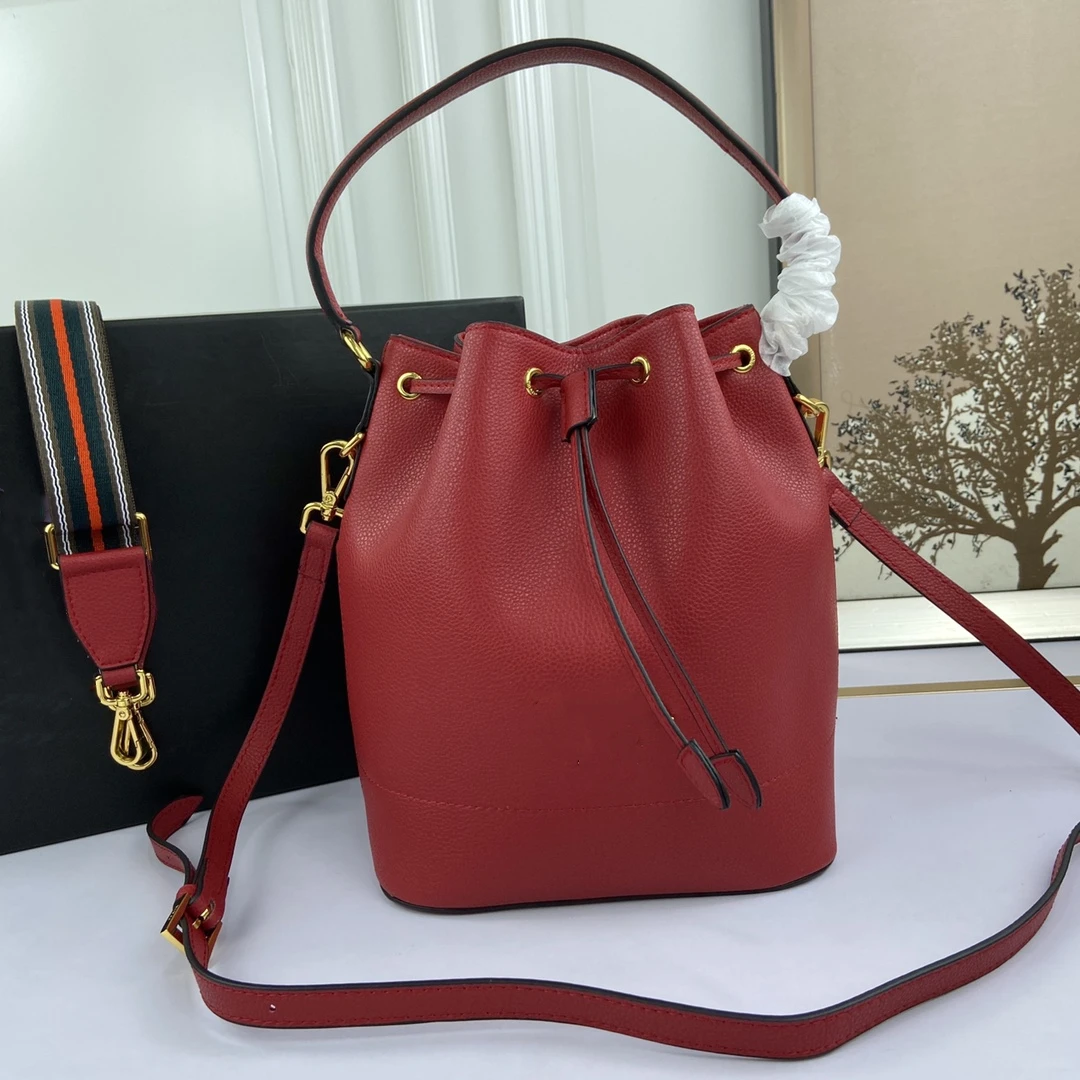 

Ladies genuine leather red fashion drawstring pocket handbag messenger shoulder bag