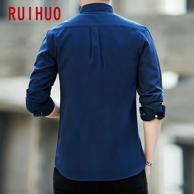 RUIHUO Однотонная рубашка с длинными рукавами для мужчин Slim Fit Оксфорд повседневные