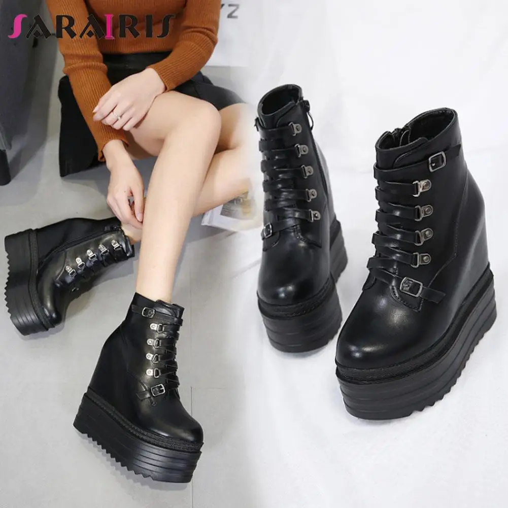

SaraIris For Dropship Black Zipper Thick Heel Round Toe Platform Boots For Woemn Increasing Height Casual Punk Gothic Shoes