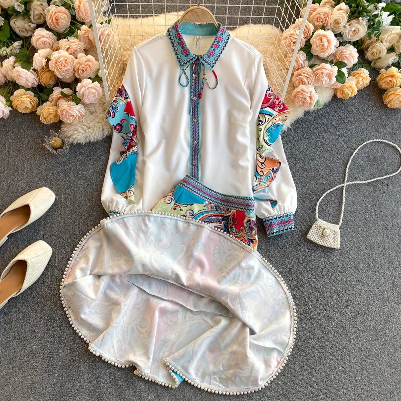 

2021 Spring Runway Skirt Suit Women's Elegant Bow Turn Down Collar Ruffles BlouseBeading Pearls Mermaid Skirt 2 Pieces Sets