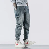 japanese style fashion men jeans retro blue big pocket denim cargo pants streetwear hip hop jeans men designer joggers trousers