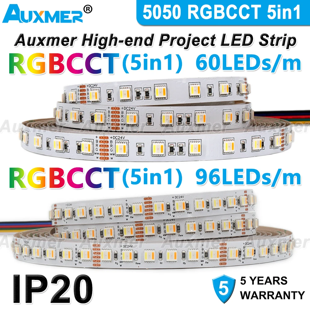 5050 RGBCCT LED Strip Lights,60or 96LEDs/m,5in1,IP20,38.4W/m,2400K~6500K,Adjustable temperature, Indoor use,KTV, DIY